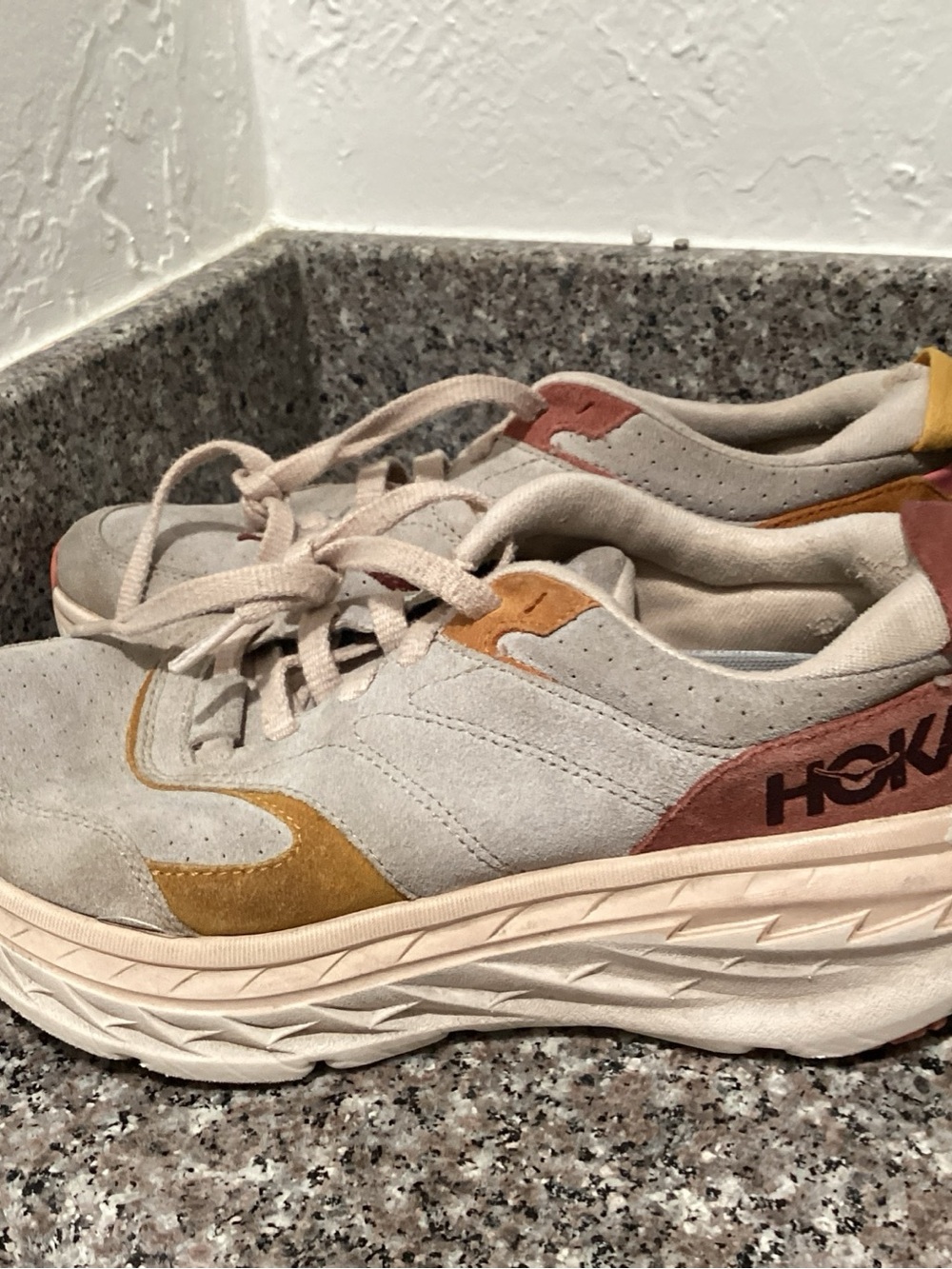 Hoka Neutral Suede Sneakers with Mustard & Rust Accents